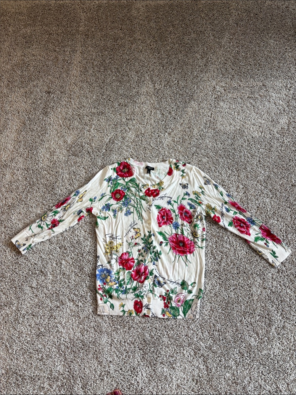 Talbots White Spring Floral Cardigan with Pink, Blue and Green Print